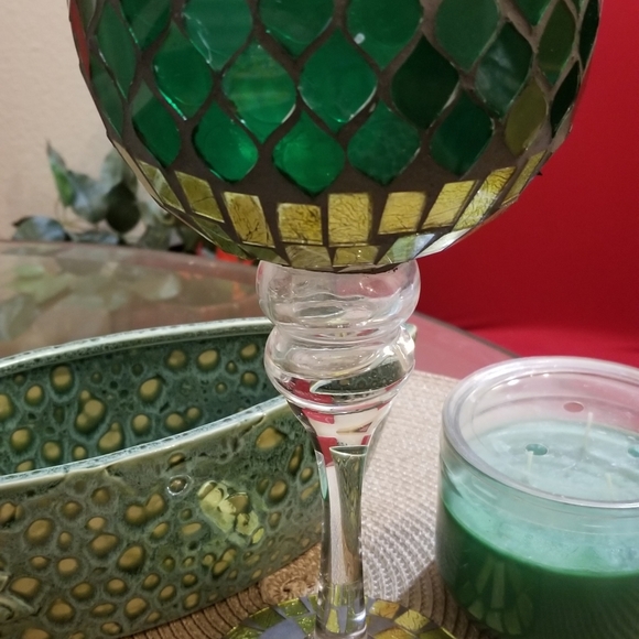 3 PIECE GREEN & GOLD MOSIAC CANDLE HOLDER/ BOWL/PLANTER, CANDLE BUNDLE SET - Picture 12 of 13